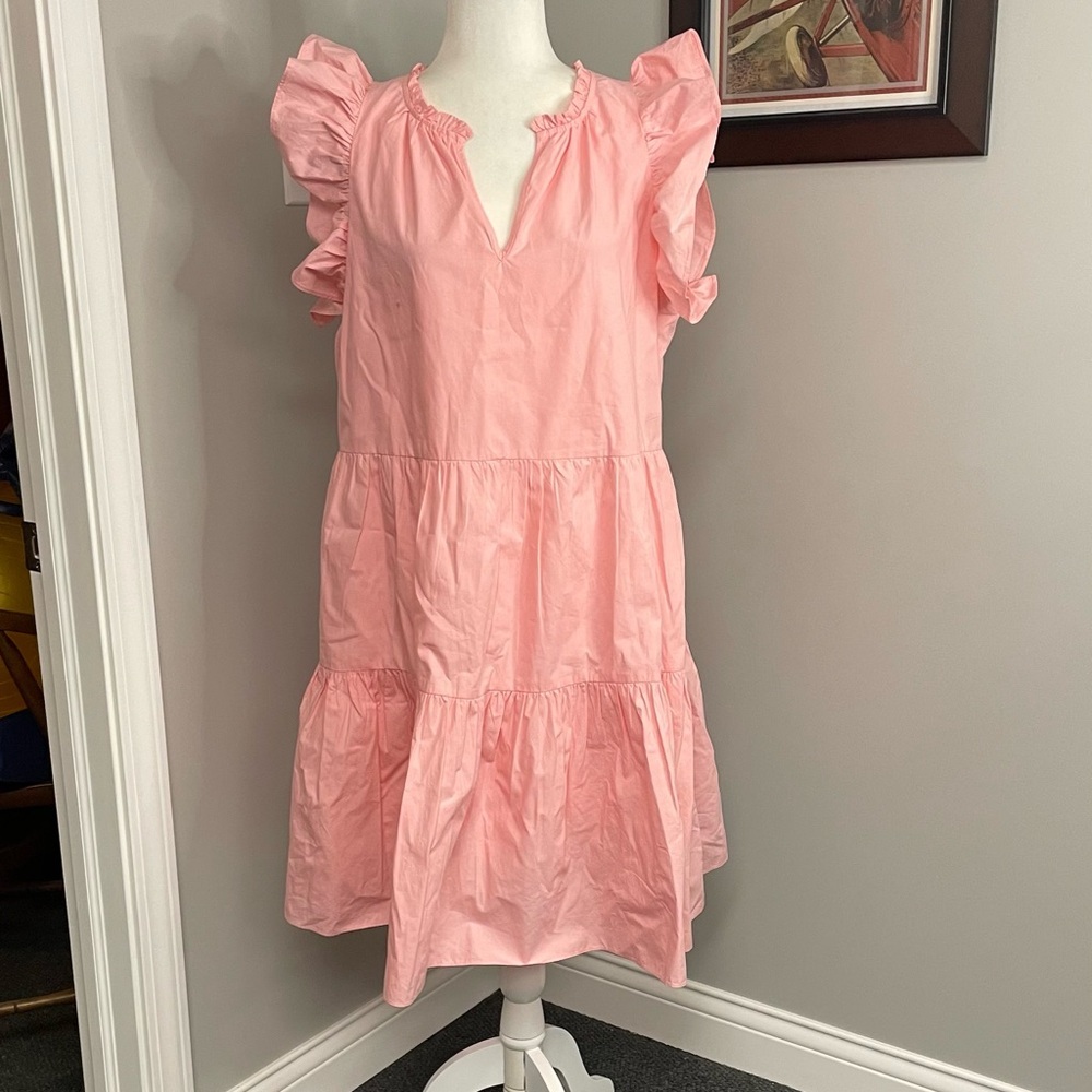 A Loves A Women's Large Ruffled Tiered Poplin Dress Pockets Pale Pink Cotton